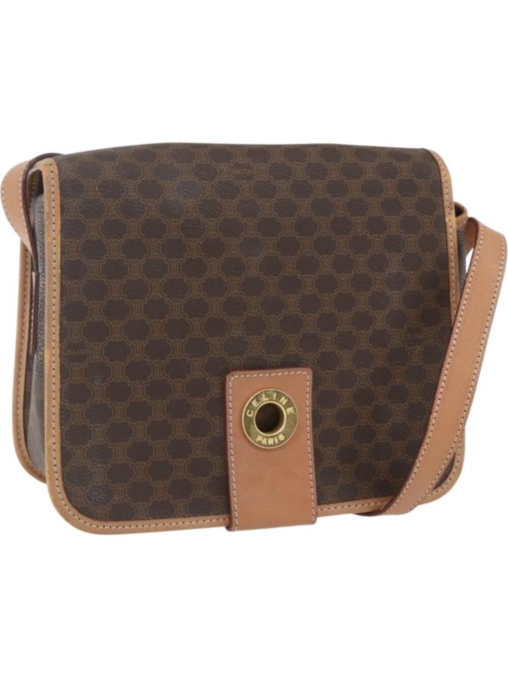 CELINE Macadam Canvas Shoulder Bag PVC Leather Brown Gold